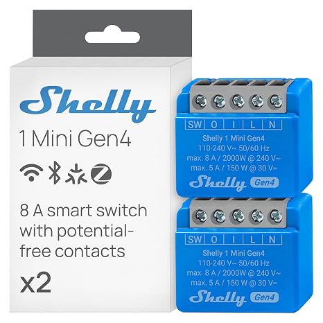 Shelly 1 x Mini Gen4 Wireless Switch Module Matter Zigbee Wi-Fi 1 Channel 8A Dry Contacts Light Relay App and Voice Control Alexa, Google and Apple HomeKit - 2 Pieces