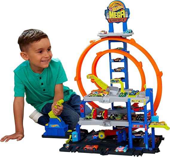 Hot Wheels Mega Loop Garage​​ Track Set with Toy Car & Helicopter