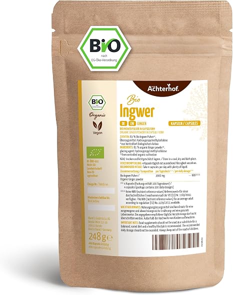 Achterhof Organic Ginger Capsules Pack of 400 Refill Pack 500 mg Ginger Powder per Capsule Made from 100% Ginger Powder in Highest Organic Quality Suitable for Vegan Diet by Achterhof