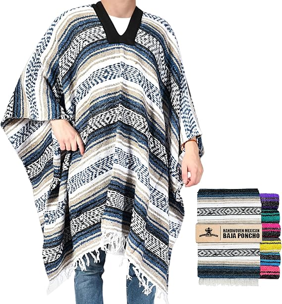 Artisans Bazaar Traditional Mexican Baja Poncho Men and Women Authentic Gaban Serape Sarape Blanket Pancho Jorongo Cowboy