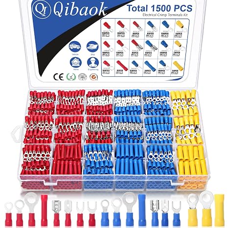 Qibaok - 1500 insulated electrical wire connectors - Ring, stop, spade, fork connector - Copper - Red, Blue, Yellow