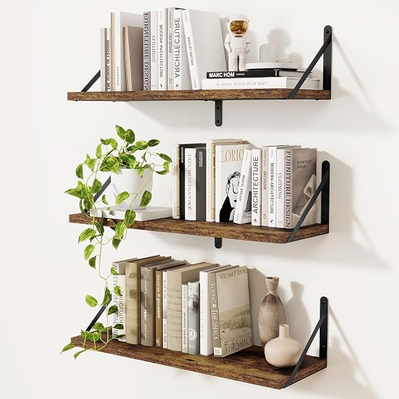 Feihorrm Set of 3 Book Shelf, Rustic Brown Shelves, 60cm Wall Shelves