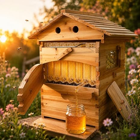 Bee Hive Starter Kit, Complete Wooden Beehive Box with 7 Frames and Observation Window, Bee Hives Boxes Kit for Backyard Beekeeping