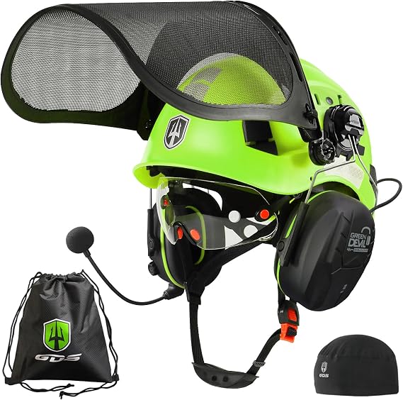 GREEN DEVIL Chainsaw Safety Helmet, Forestry Protection, Safety Helmet with Hearing Protection, Earmuffs and Face Protection, 3 in 1 Visor, Impact Resistant Helmet Set, Comfortable Ventilation