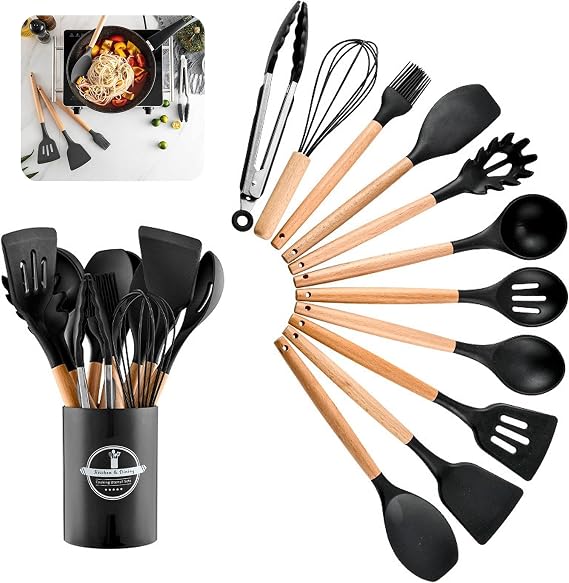 Kitchen Utensil Set, 12 PCS Silicone Cooking Utensils Set with Wooden Handle, Heat Resistant, Nonstick Cookware Tongs Spatula Spoon Set, Silicone Kitchen Utensils Set Suitable for Kitchen(Black)