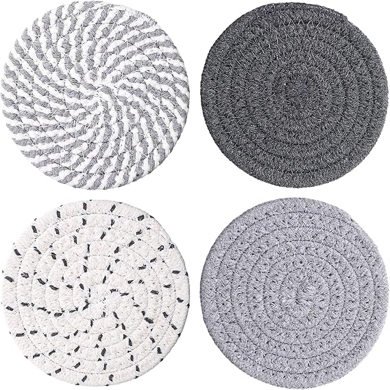 Boho Coasters for Drinks, Cute Woven Coasters 4.13in/10.5cm Minimalist Coaster Set of 4 for Coffee Cups Desk Kitchen Decor Tabletop as House Warming Gifts (Colorful Gray)