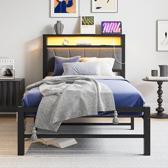 3ft Single Bed Frames with Storage Headboard,Charging Station/LED Lights,Metal Upholstered Platform Bed Frame Single No Box Spring Needed,Strong Metal Slats Support/Noise Free/Grey