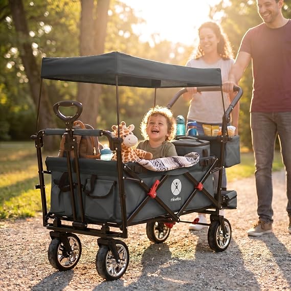 Miweba Folding Handcart for Children Brake Roof Wide Tyre Transport Bag Foldable UV Resistant Handcart Foldable