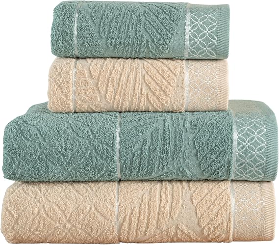 Mürdüm Home Leaf Çift Renk Jakarlı Banyo Havlu Takımı, 4'lü Paket 2 Parça (70x140),2 Parça (50x90) Yumuşak ve Emici, Kaliteli Günlük Kullanıma Uygun%100 Pamuk Havlu (Yeşil-Krem)