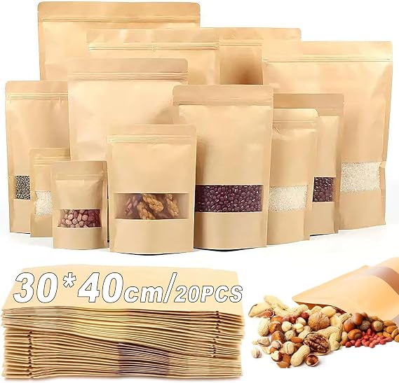 20pcs Kraft Paper Bags with Window 11.8in*15.7in/30cm*40cm Resealable Ziplock Kraft Paper Bags Resealable Waterproof for Jam Coffee Beans Tea Tea Spices Food Storage