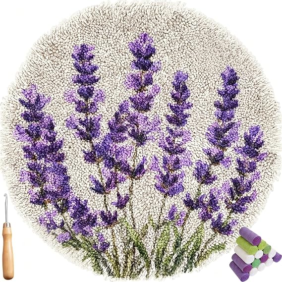 Latch Hook Rug Kit, Latch Hook Kits for Adults DIY Crochet Kits with Pre-Printed Color Lavender Flower Pattern Canvas, Latch Hooking Craft Kit for Home Floor Wall Decor & Door Mat 50x50cm/19.68''