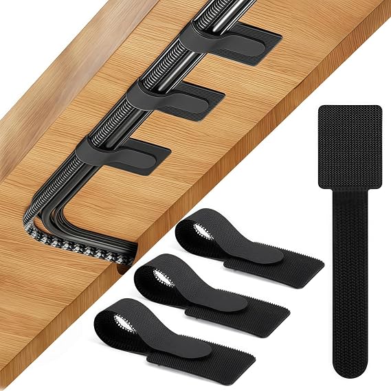 Under Desk Cable Management Set, 50pcs Self-Adhesive Cable Tidy Clips & Reusable Straps, Strong Sticky-Back Hook and Loop Fasteners for Cord Wire Organizer PC TV Laptop Home Office, Black