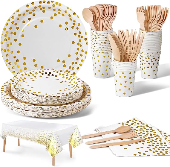 Nkaiso Party Tableware, 141 Pieces Reusable White Gold Dots Plates and Cutlery Set, Cardboard Cutlery, Cups and Napkins, for Birthdays, Weddings, Anniversaries (20 Guests)