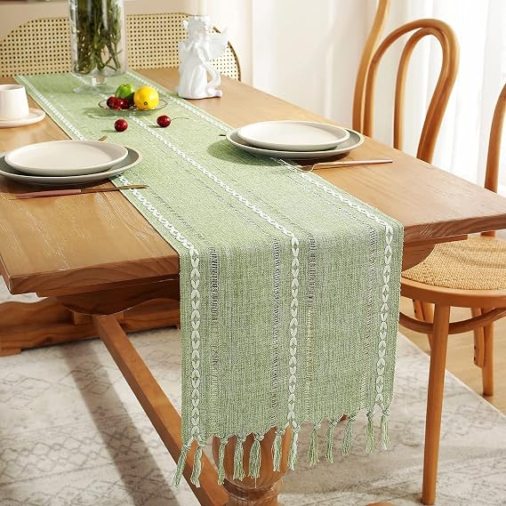 LOMOHOO Cotton Linen Table Runner Green Embroidered Farmhouse Table Runners 90‘’ Long for Kitchen and Dining Table Decoration 228x33cm