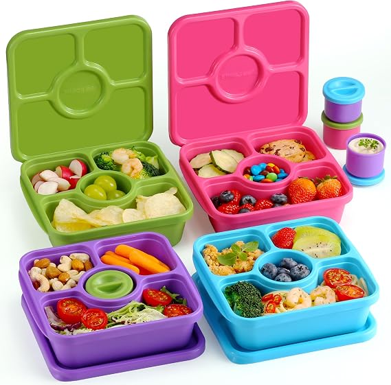 QQKO Bento Snack Box Containers for Adults Kids, Meal Prep Containers Reusuable Bento Lunch Box, Lunchable Food Storage Containers with Lids and Sauce Cups, Retro Blue