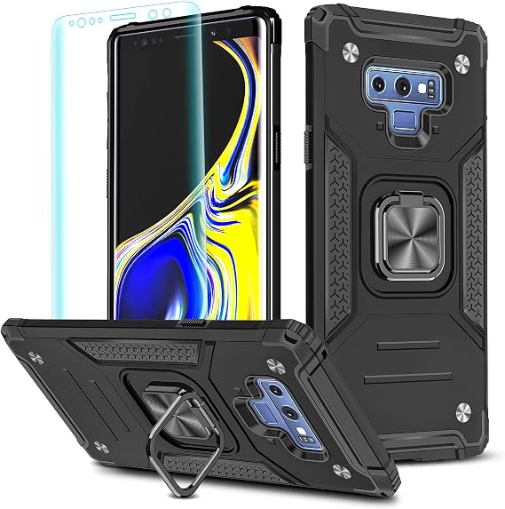 YmhxcY Galaxy Note 9 ケース 3Dカーブスクリーンプロテクター付き アーマーグレードケース 回転ホルダー付き キックスタンド 滑り止め ハイブリッド 頑丈なケース Samsung Note 9 6.4インチ KKブラック