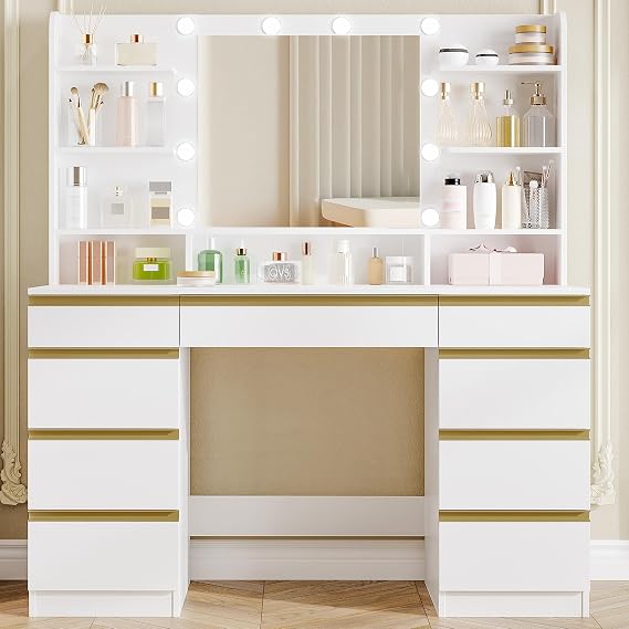 Hzuaneri Dressing Table with Light, Large Mirror Vanity Desk, White Gold