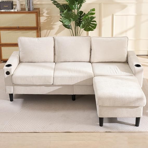 L-Shaped Couch Sofa, 3 Seater Corner Sofa, Sectional Sofa Couches With USB, Cup Holder, for Apartment Living Room (Beige)