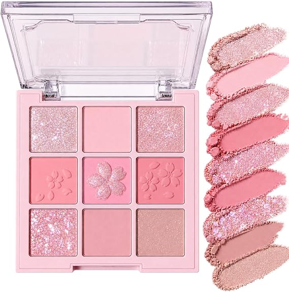9 Colour Pink Eyeshadow Palette, Matte Shimmer Sparkle Eye Makeup for Women