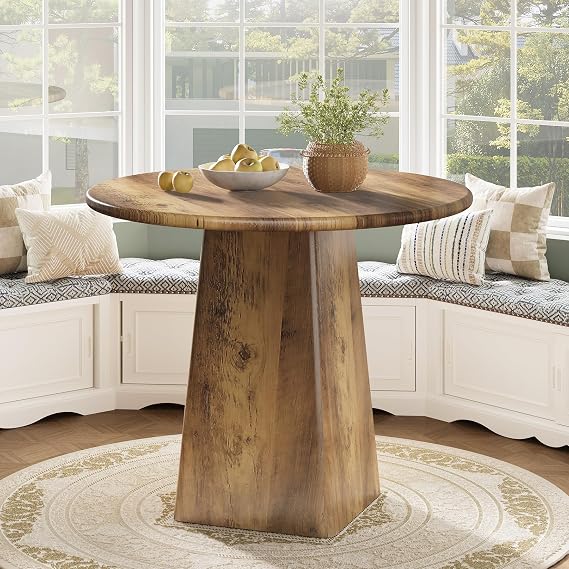 Tribesigns 80cm Round Dining Room Table for 2-4, Farmhouse Small Kitchen Dinner Table with Square Base for Dining Room Living Room, Rustic Brown