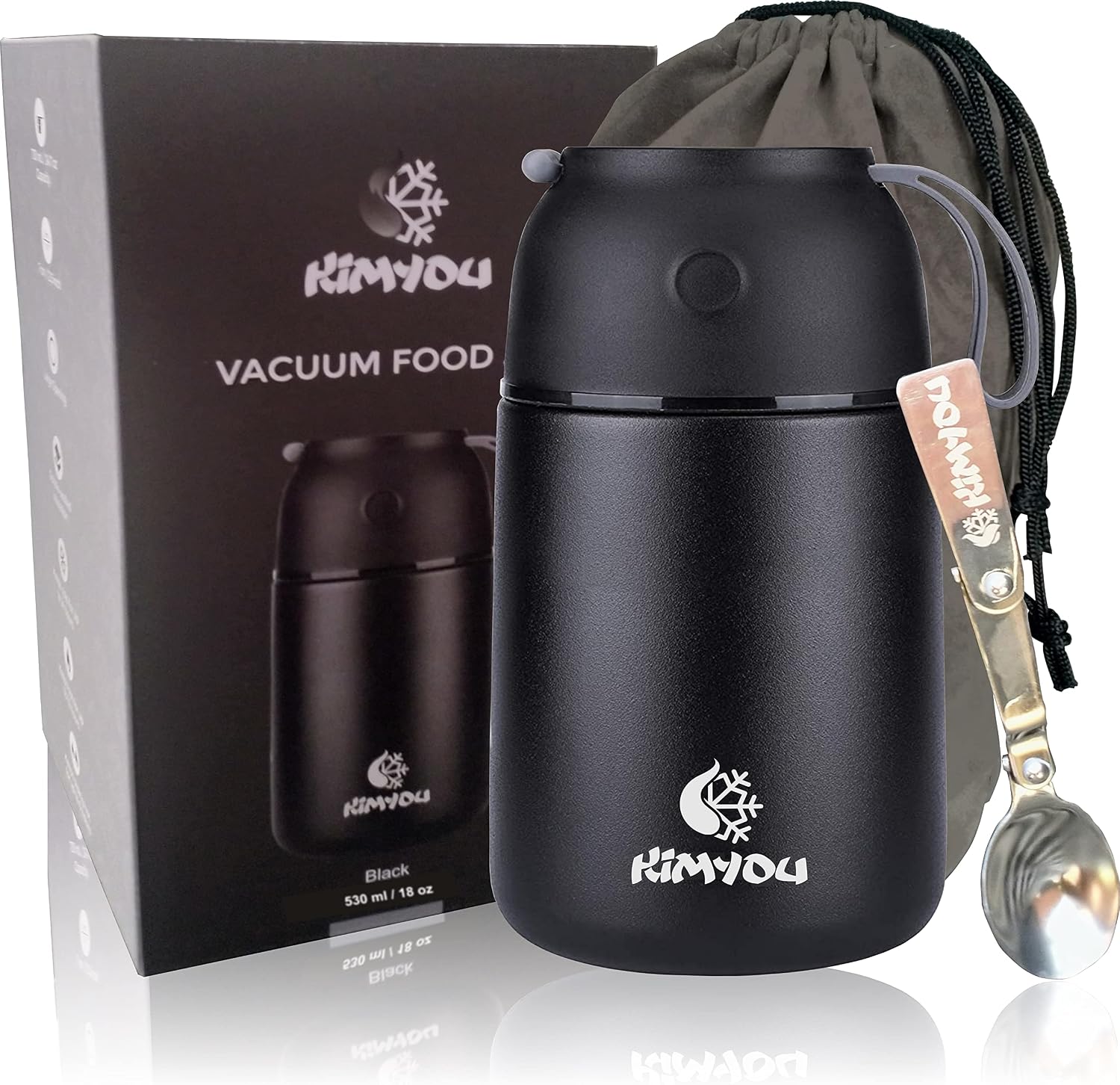 Kimyou Premium Stainless Steel Vacuum Insulated 530 ml Thermal Food Container | Soup Flask with Bag, Brush & Spoon - Black