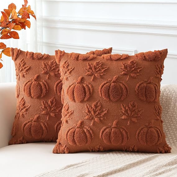 Artscope Fall Cushion Covers Set of 2 Autumn Pumpkin Maple Leaves Throw Pillow Covers for Sofa Couch Bed Living Room Soft Plush Short Wool Velvet Farmhouse Pillowcases for Party 45x45cm Rust