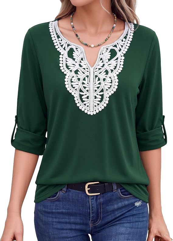 ALGALAROUND Womens Boho Lace Tunic Top Long Sleeve Notch V‑Neck Blouses UK