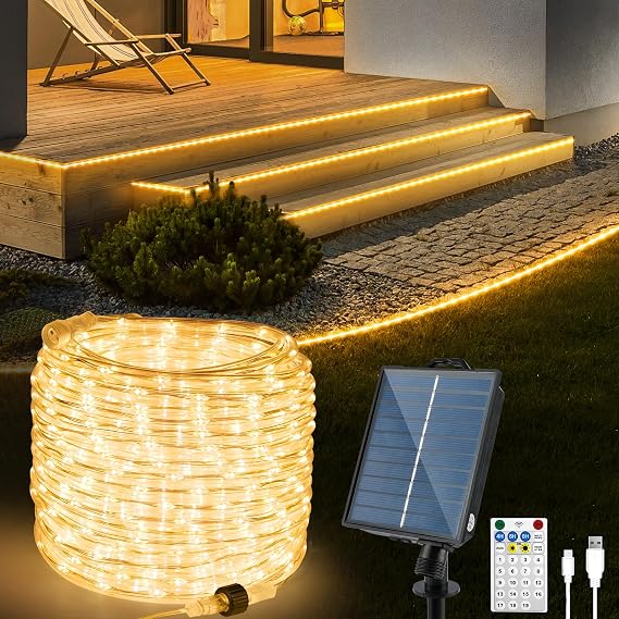 Solar LED Tube Outdoor (Diameter: 5.5 mm) 15 m 600 LEDs Warm White Light Tube Outdoor with USB Charging Function and Remote Control Solar LED Fairy Lights Outdoor for Party Garden Balcony [Energy Class F]