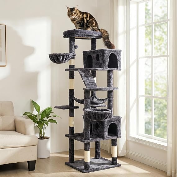 Fansafurn Large Cat Tree with Scratching Post, Bed, Hammock and Condo - Playful Cat Multi-Level Tower 73" Modern Jungle Gym for Multiple Cats, Gray