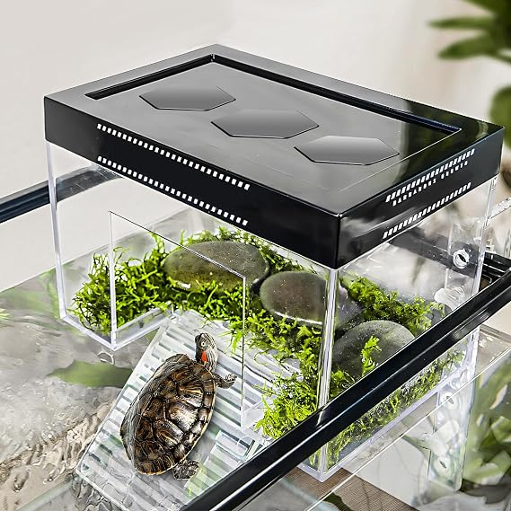 Turtle Basking Platform Height Adjustable Hanging Turtle Tank with Ramp Transparent PC Reptile Resting Tank Topper Turtle Basking Land for Small and Medium Aquarium