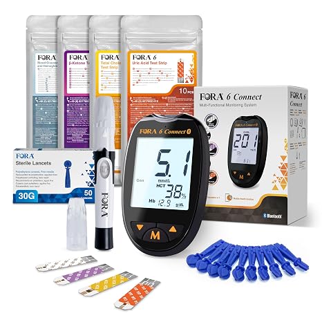 FORA 6 Connect Bluetooth Blood Testing Monitor Kit | Blood Glucose, Ketone, Cholesterol & Uric Acid Meter | Multi Parameter Home Test Kit with 55 Test Strips