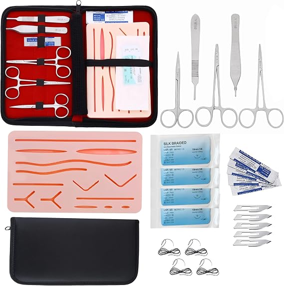 Suture Practice pad for Students Traning Manual & Carryall Case Reusable Mesh Pre Cut- 14 Wounds Silicone Skin Suture Pad with kit- for Education Use Only (9)