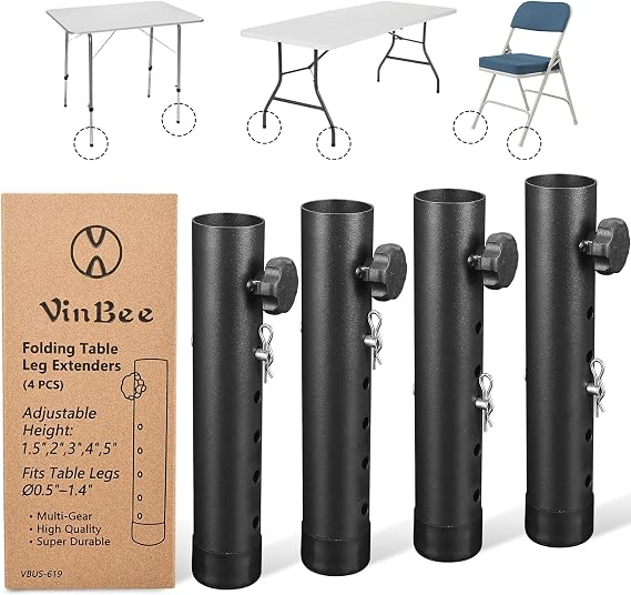 VinBee 4Pcs Folding Table Leg Extenders, 5-Levels Height Adjustable Risers, Heavy Duty Steel Table Risers for Straight And Bent Legs, Reduces Stooped Work, Dining, Standing Desk (5 Level 7.7nch)