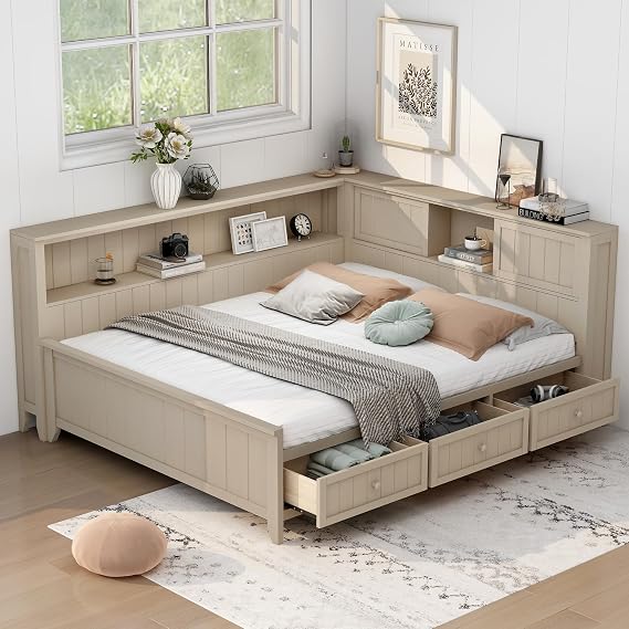 VilroCaz Full Size Wood Daybed with L-Shaped Bookcases and 3 Drawers, Platform Bed Corner Sofa Bed Frame with Sliding Doors Storage Headboard, Space Saving Design, No Box Spring Required (Full)
