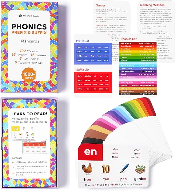 Think Tank Scholar 1000+ Words Phonics Flash Cards + Prefixes & Suffixes (Award Winning) 122 Phonics, 6 Teaching Methods & 6 Fun Games – Preschool, Kindergarten 1st, 2nd, 3rd Grade Homeschool Ages 4-8