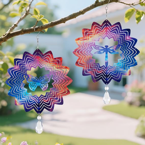 2Pack Wind Spinners Galaxy Light Dragonflies&Butterflies 3D Wind Sculpture Stainless Steel Outdoor Wind Catcher,Wind Spinners for Yard and Garden Art Ornament Gifts