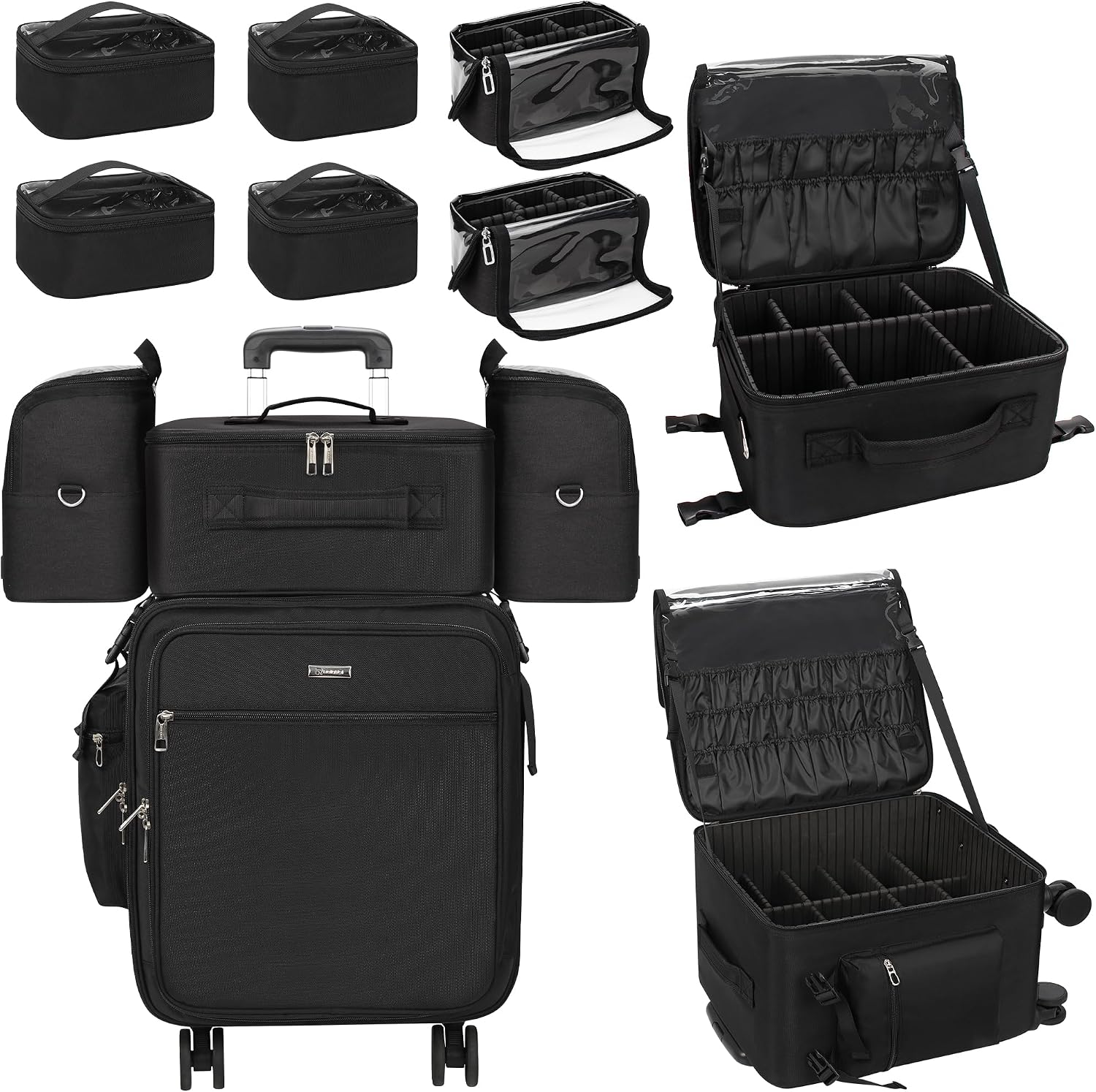 Relavel Rolling Makeup Case Professional Makeup Train Case Travel Beauty Luggage Trolley 8 in 1 with Detachable Cosmetic Case and Dual Makeup Brush Case 4 Mini Bags and Wheels(Black,4-Pack)