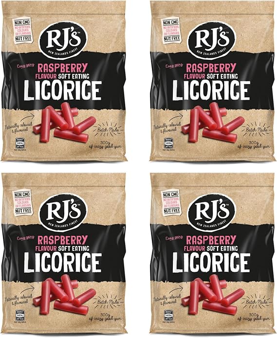 RJs Licorice Raspberry Flavour 4 x 300g | Soft Chewy Liquorice Sweets | Fruity Liquorice Twists | Multipack Bundle