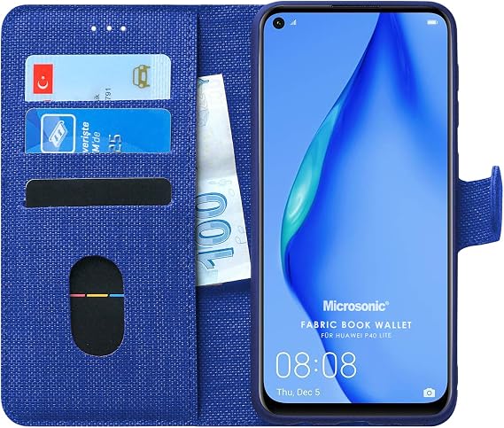 Microsonic Huawei P40 Lite için Kılıf Fabric Book Wallet Lacivert [P40 Lite ile Uyumlu Kılıf - Lacivert]