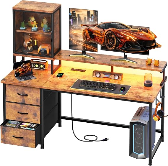 Computer Desk with Drawers & Figure Acrylic Display Case, 120x50cm Reversible Gaming Desk with Power Outlets & RGB Lights & Monitor Stand & Headphone Hook, Brown Corner Gaming PC Table with for Home