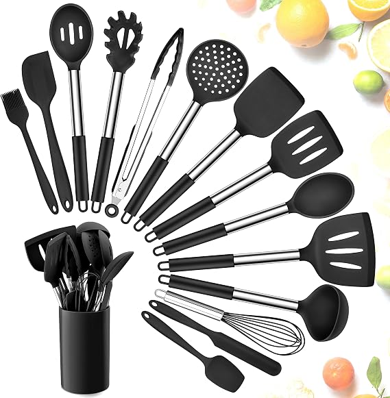 Herogo Küchenhelfer Set 15 teiliges Silikon Kochbesteck mit Edelstahlgriff Hitzebeständiger Küchenutensilien Küchenset mit Utensilienhalter Schwarz Antihaft Kochutensilien Kochlöffel zum Kochen