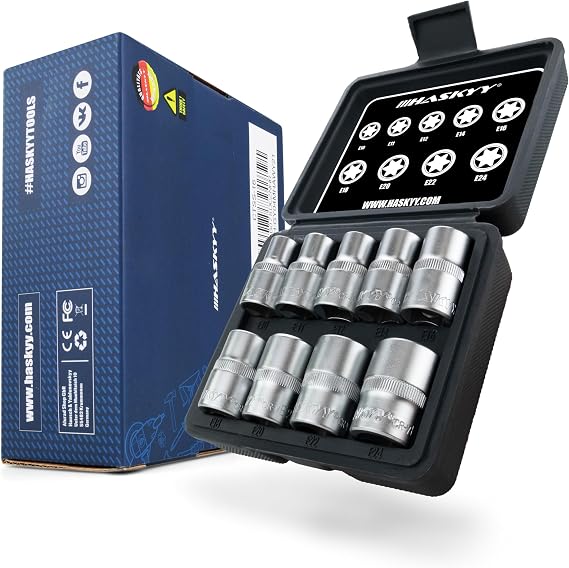 HASKYY External Torx Socket Set 1/2 Inch E-Profile Set E10 - E24 Socket Spanner Inserts 9-Piece Sockets for Torx External Screws Car Tool in Assortment Box