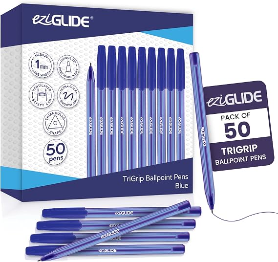 Eziglide TriGrip Blue Ballpoint Pens, 50-Pack Blue Pens, Triangular Grip