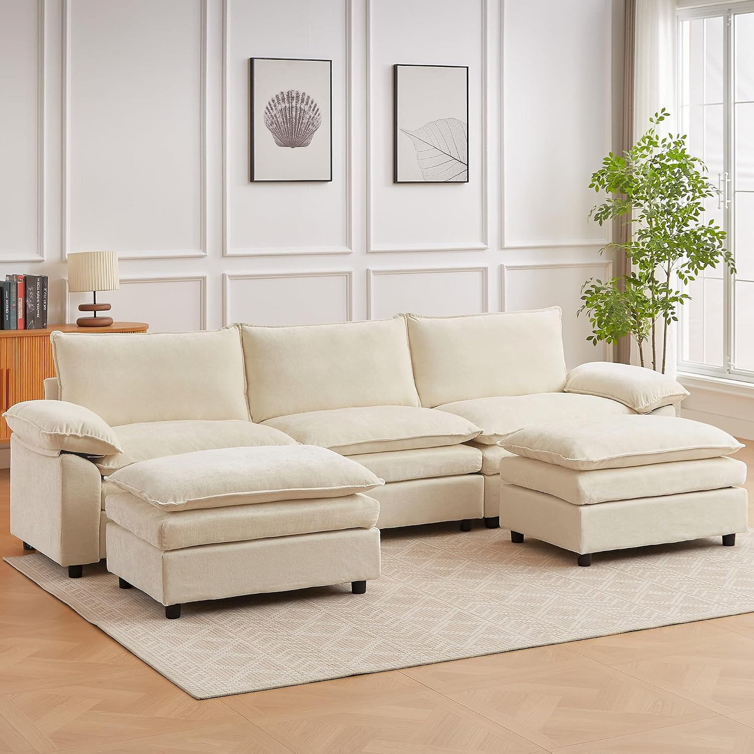 JIEXI Modular Sofa, Deep Seat Sectional Couch with Movable Footstool, Sofa Chenille L-Shape/U-Shape Configurations, Modern for Living Room