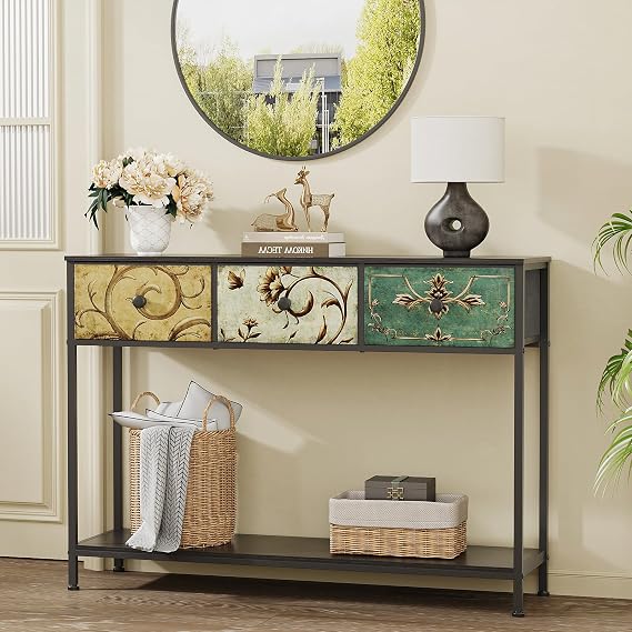 VEDECASA Console Table for Entryway with 3 Drawers Slim Hallway Table with Storage Shelf Narrow Long Sofa Table for Hallway Couch Living Room Kitchen Metal Frame Wooden Top Easy Assembly (Black)