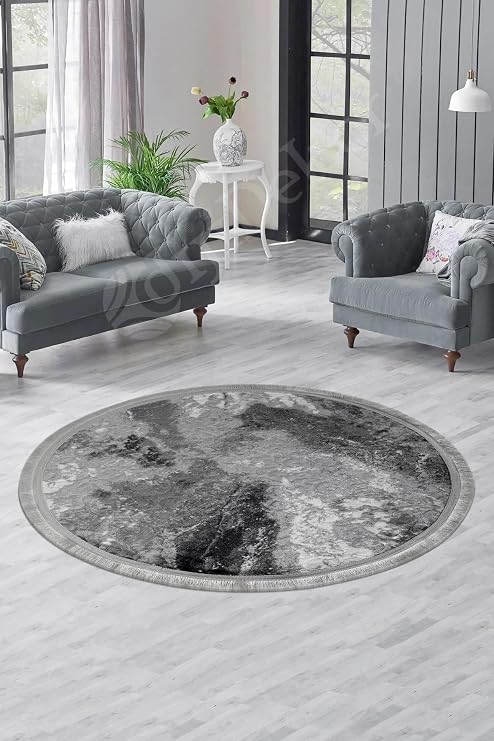 Halı Antrasit Cool Yıkanabilir Saçaklı Yuvarlak Delüxe Yolluk Kilim Salon Halısı Modeli, 130x130