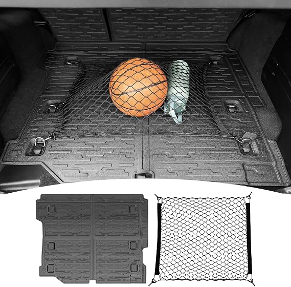 Trunk Mat with Net for 2018-2025 Jeep Wrangler JL Unlimited 4X4 Accessories All Weather Protection Rear Trunk Liner Cargo Net for 18-25 JL JLU Gas Type 4 Door(Not for 4XE)