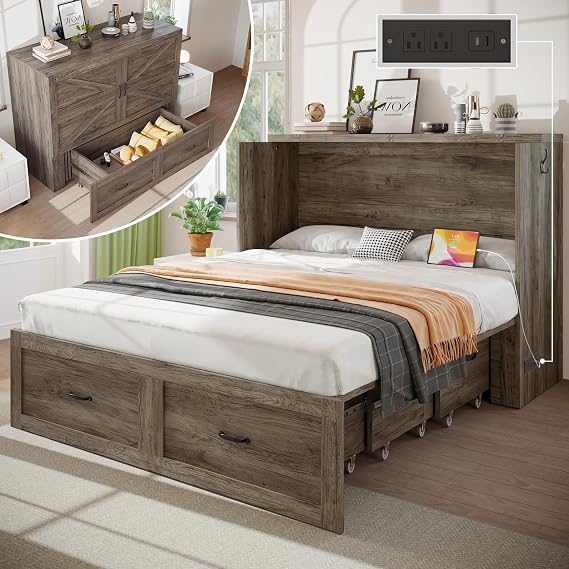 KCGKCG Murphy Bed with Storage & Charging Station, Murphy Cabinet Bed with Large Drawer for Guest Bedroom, Living Room, Office or Small Room, Full Foldable Platform Bed (Grey, Full)