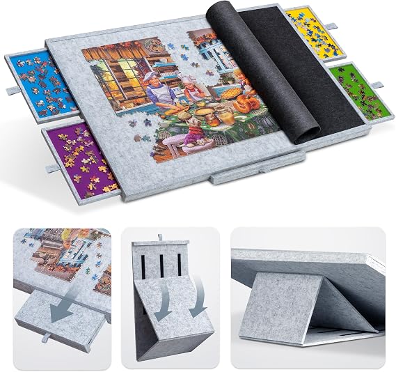 Tektalk Jigsaw Puzzle Table with Integrated Adjustable Stand/Bracket, 3-Tilting-Angle Super Lightweight Felt Puzzle Plateau Board with Cover & 4 Sorting Drawers, for Up to 1500 Pieces - Light Gray