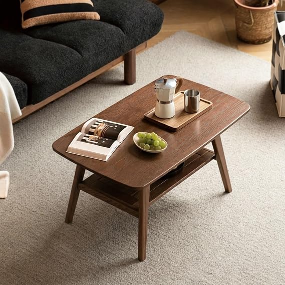 Solid Wood Coffee Table with Shelf, 80*50*44 (Oak, Walnut Finish)